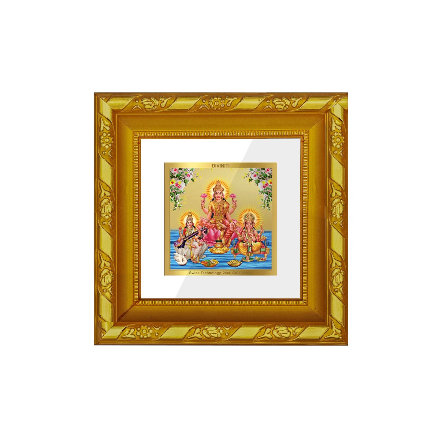 DIVINITI 24K Gold Plated Lakshmi Ganesha Saraswati Photo Frame For Home Decor, Puja (10.8 X 10.8 CM)