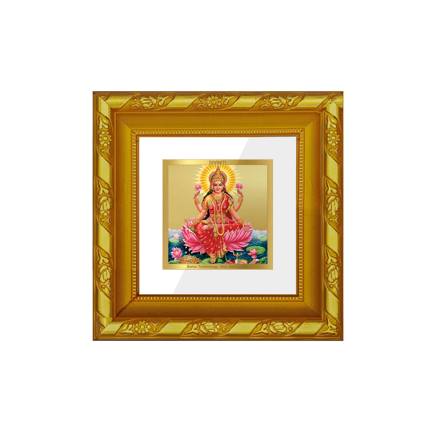 DIVINITI 24K Gold Plated Lakshmi Mata Photo Frame For Home Decor, Puja, Wealth, Fortune (10.8 X 10.8 CM)