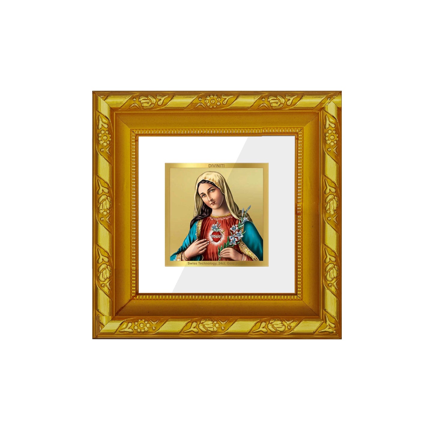 DIVINITI 24K Gold Plated Mother Mary Photo Frame For Home Decor, TableTop, Festival Gift (10.8 X 10.8 CM)