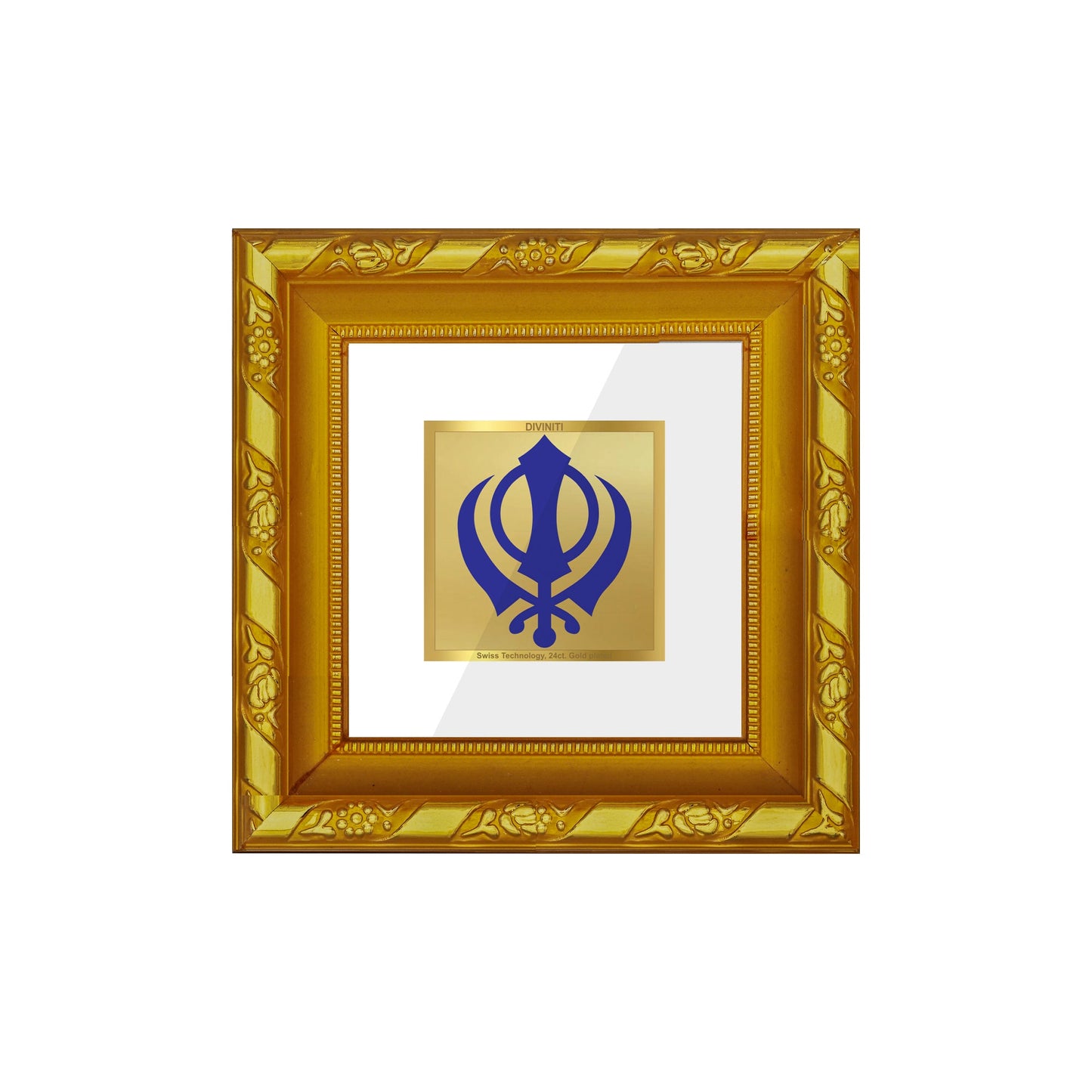 DIVINITI 24K Gold Plated Khanda Sahib Photo Frame For Home Decor Showpiece, Office, Gift (10.8 X 10.8 CM)