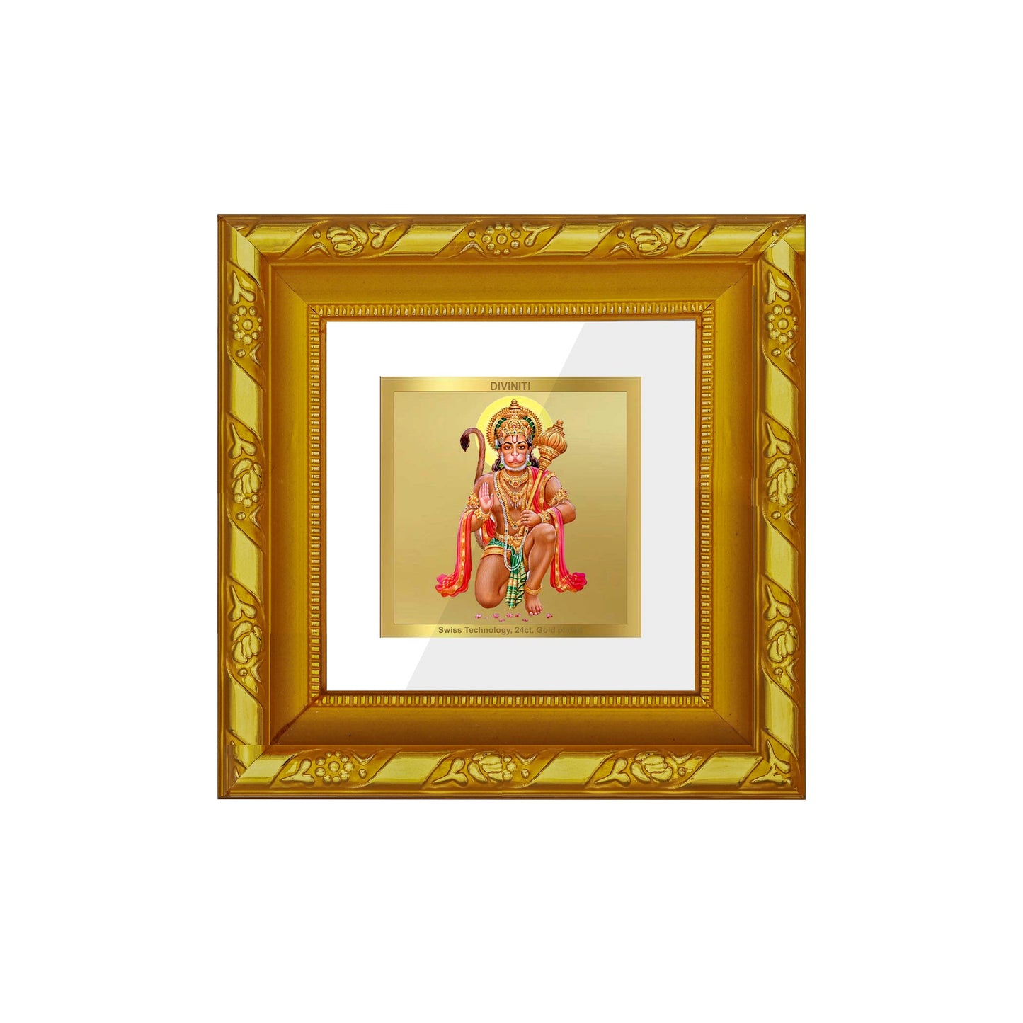 DIVINITI 24K Gold Plated Lord Hanuman Photo Frame For Home Decor, Puja, Festival Gift (10.8 X 10.8 CM)