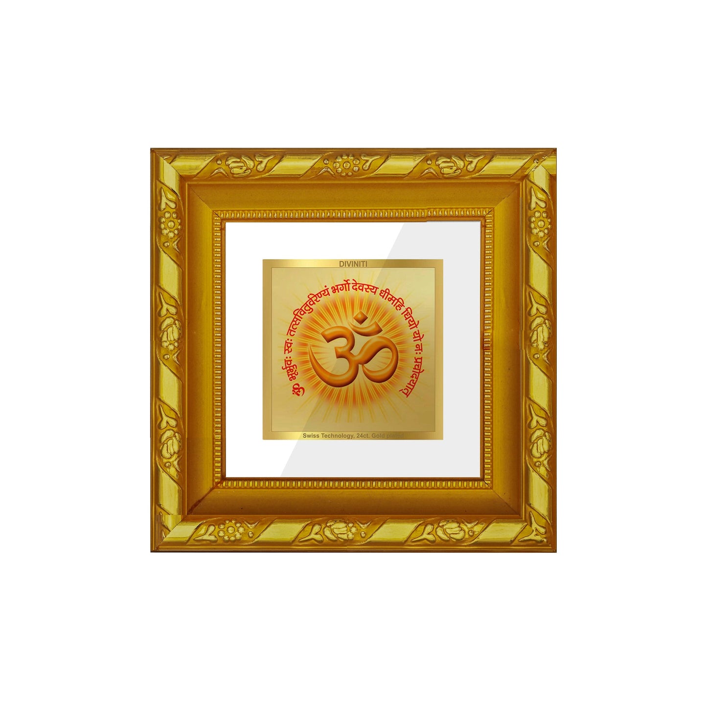 DIVINITI 24K Gold Plated Om Gayatri Mantra Photo Frame For Home Decor, Office, Gift (10.8 X 10.8 CM)