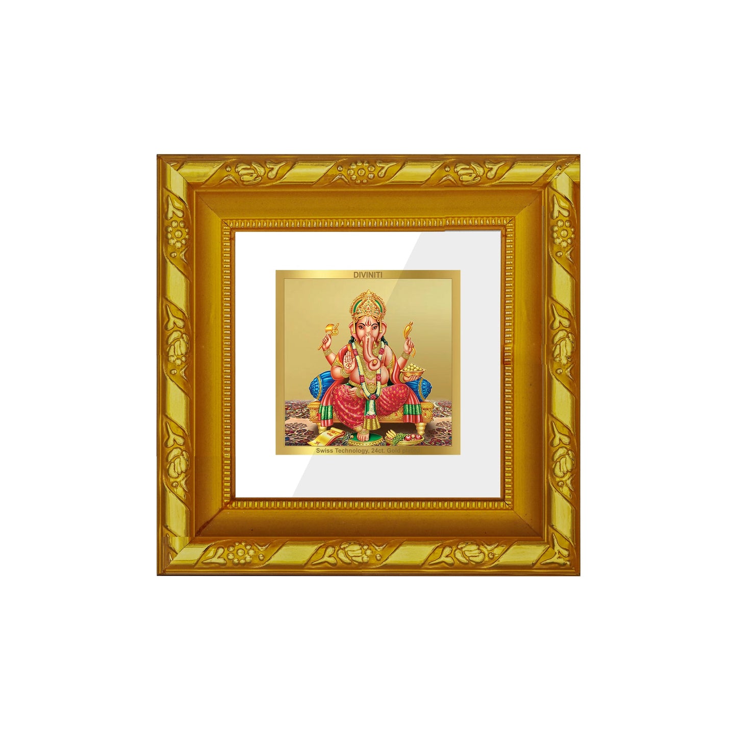 DIVINITI 24K Gold Plated Ganesha Religious Photo Frame For Home Decor, Puja, Gift (10.8 X 10.8 CM)