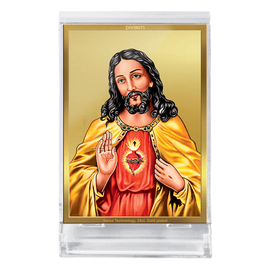 Diviniti 24K Gold Plated Jesus Christ Frame For Car Dashboard, Home Decor, Table Top, Festival Gift (11 x 6.8 CM)