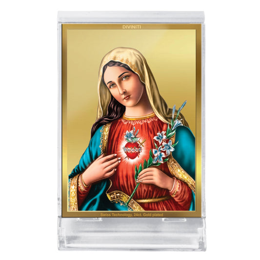 Diviniti 24K Gold Plated Mother Mary Frame For Car Dashboard, Home Decor, Festival Gift (11 x 6.8 CM)