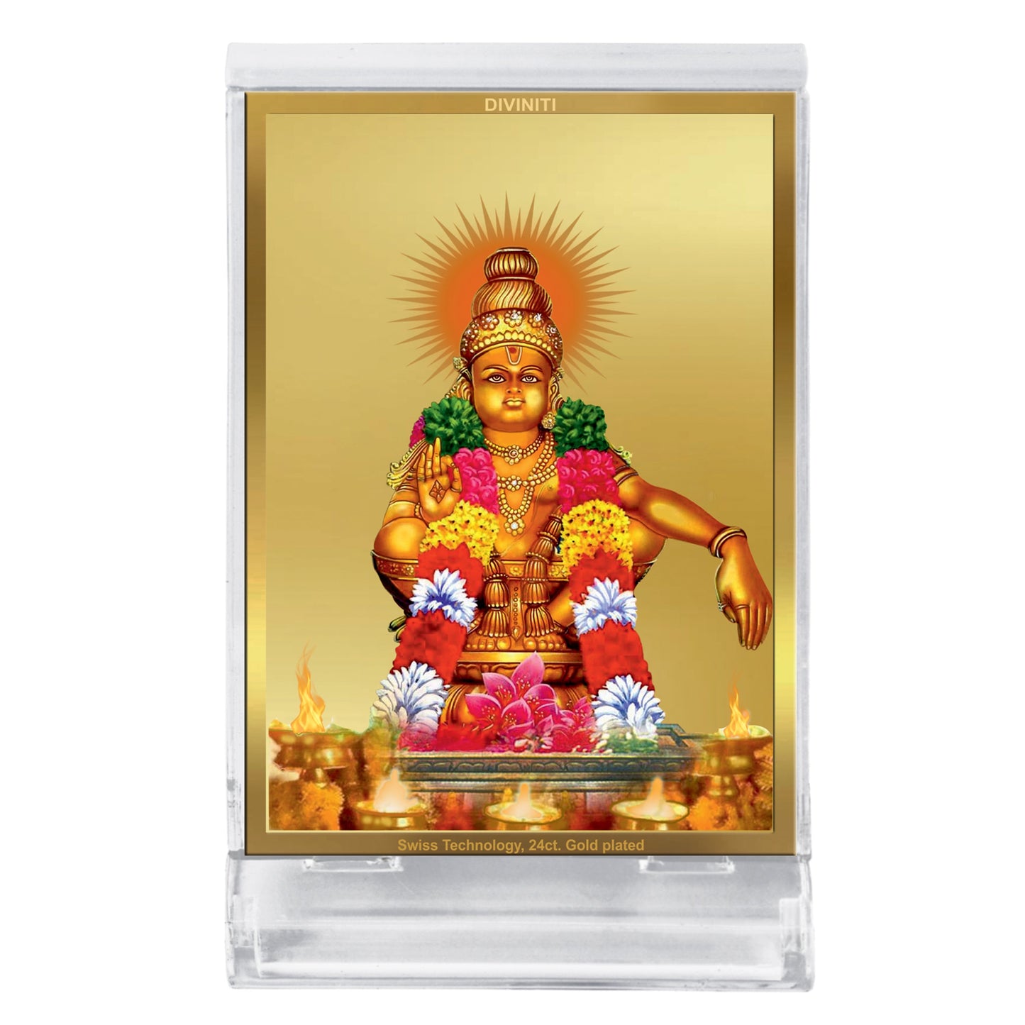 Diviniti 24K Gold Plated Ayyappan Ji Frame For Car Dashboard, Home Decor, Housewarming Gift (11 x 6.8 CM)