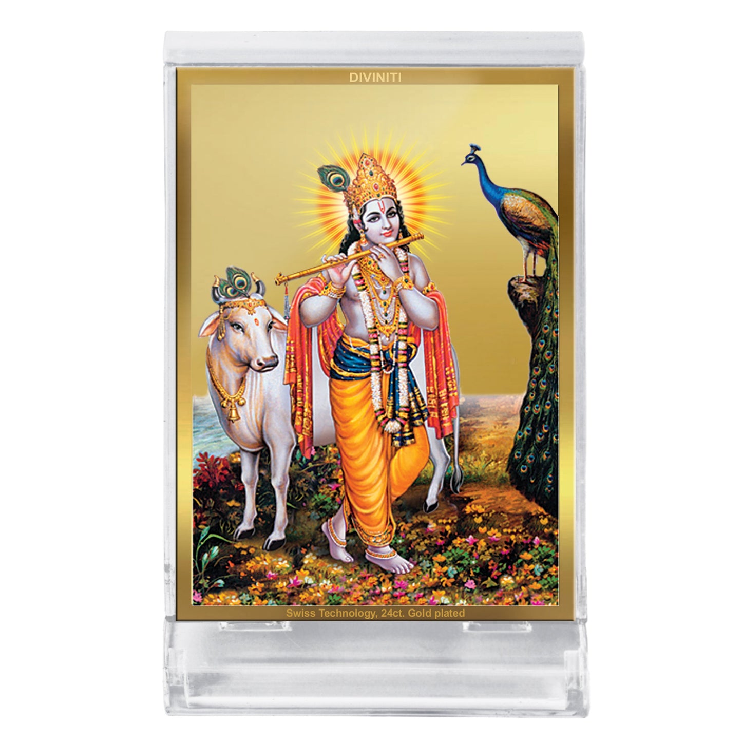 Diviniti 24K Gold Plated Lord Krishna Frame For Car Dashboard, Home Decor, Table Top, Gift (11 x 6.8 CM)