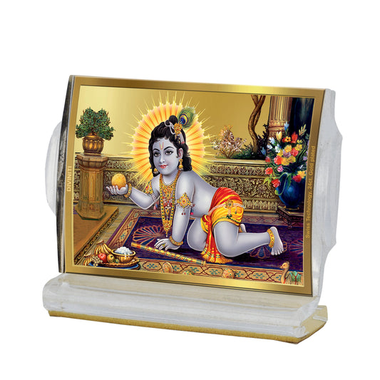 Diviniti 24K Gold Plated Laddu Gopal Frame For Car Dashboard, Home Decor, Table Top, Gift (11 x 6.8 CM)