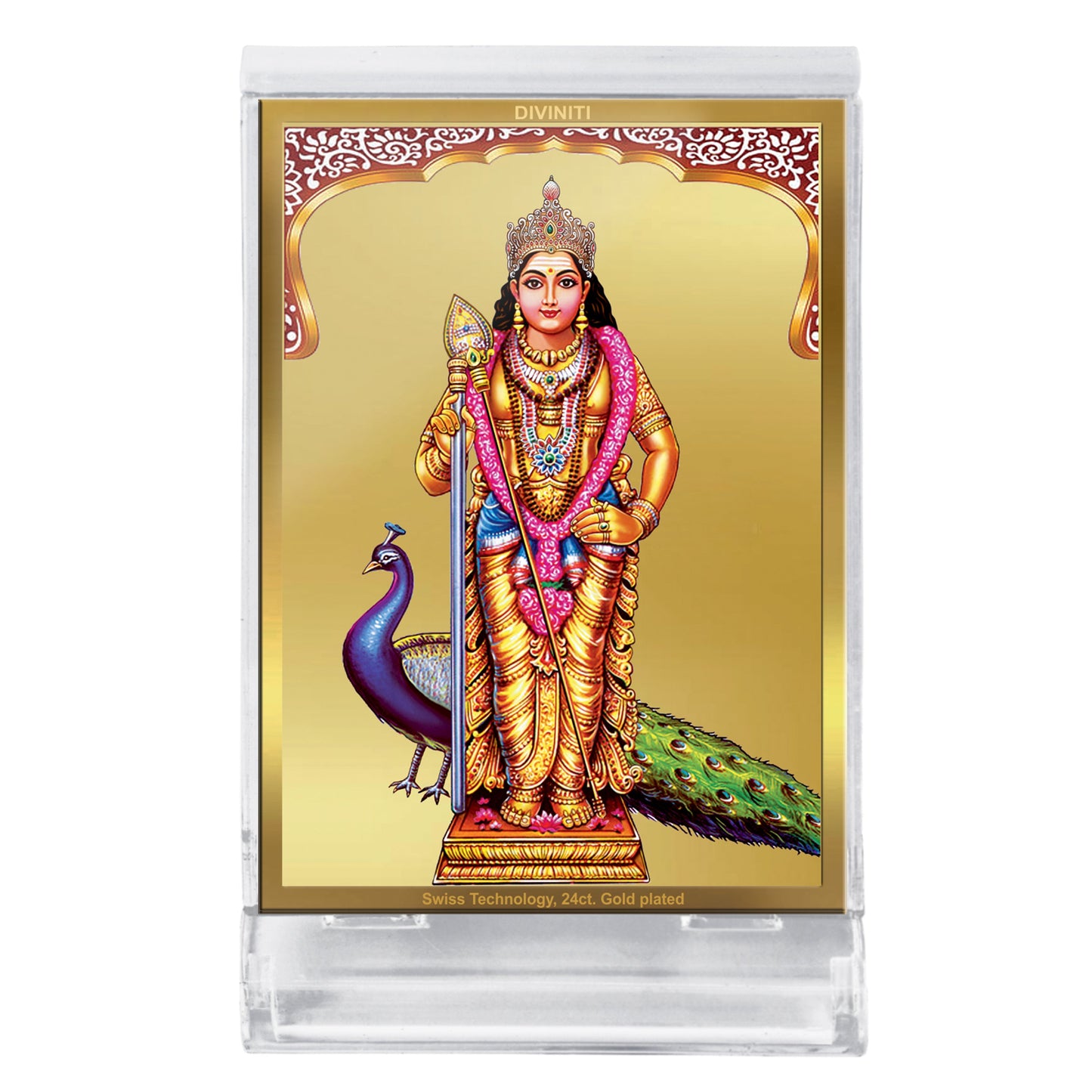 Diviniti 24K Gold Plated Murugan Frame For Car Dashboard, Home Decor, Table Top, Puja, Gift (11 x 6.8 CM)