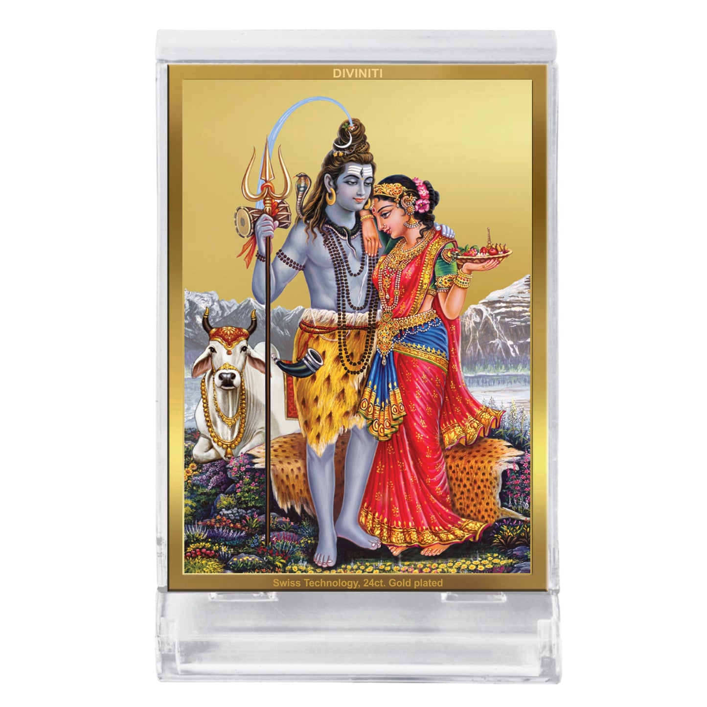 Diviniti 24K Gold Plated Shiva Parvati Frame For Car Dashboard, Home Decor, Puja, Festival Gift (11 x 6.8 CM)