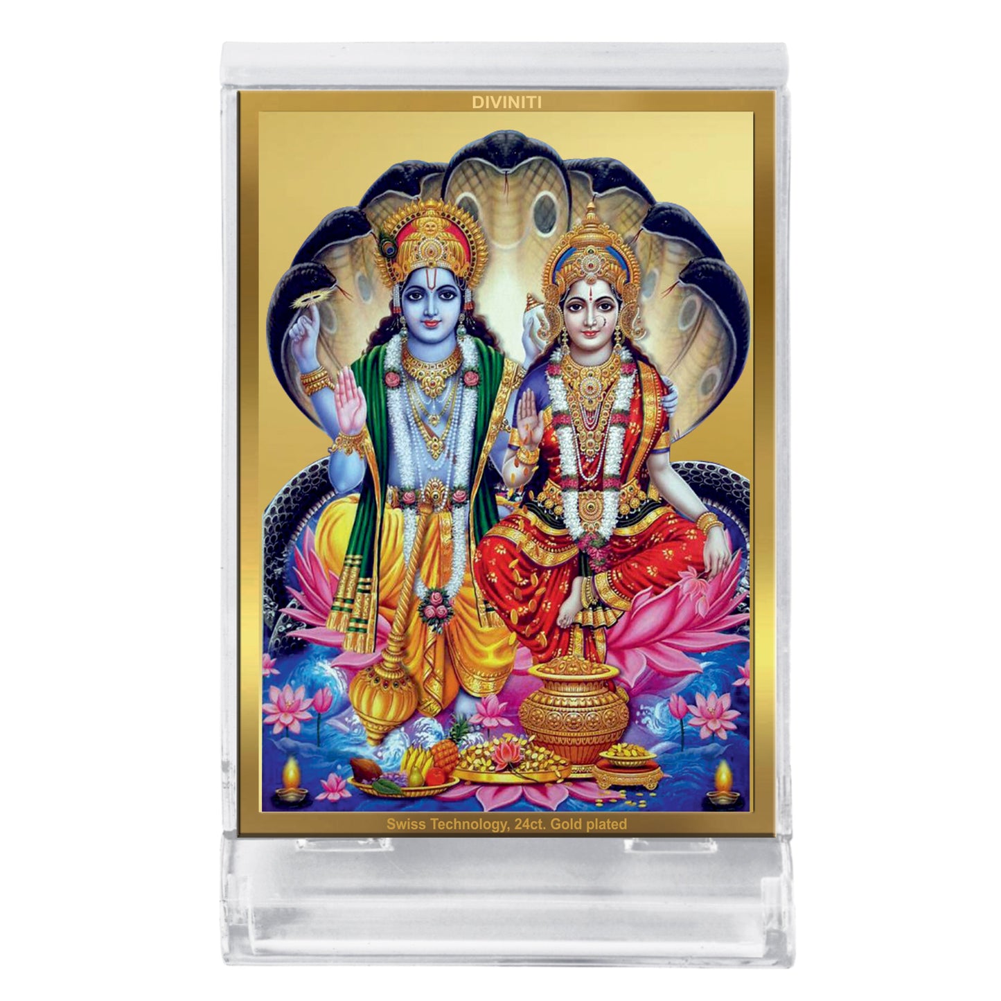 Diviniti 24K Gold Plated Vishnu Lakshmi Frame For Car Dashboard, Home Decor, Puja, Festival Gift (11 x 6.8 CM)