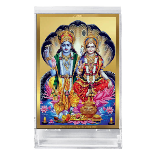 Diviniti 24K Gold Plated Vishnu Lakshmi Frame For Car Dashboard, Home Decor, Puja, Festival Gift (11 x 6.8 CM)