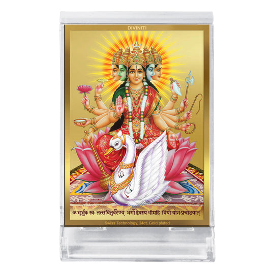 Diviniti 24K Gold Plated Gayatri Mata Frame For Car Dashboard, Home Decor, Puja, Gift (11 x 6.8 CM)