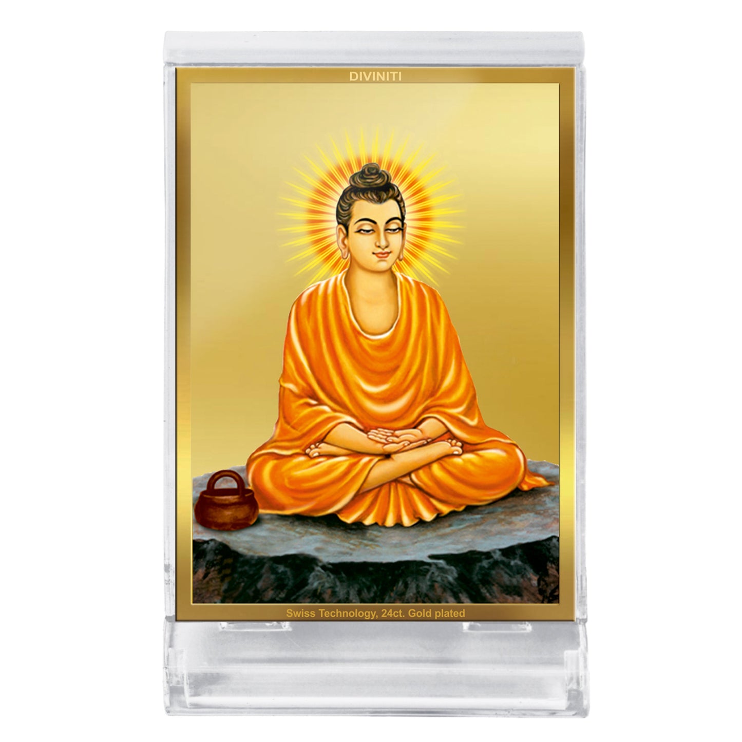 Diviniti 24K Gold Plated Buddha Frame For Car Dashboard, Home Decor, Table Top, Festival Gift (11 x 6.8 CM)