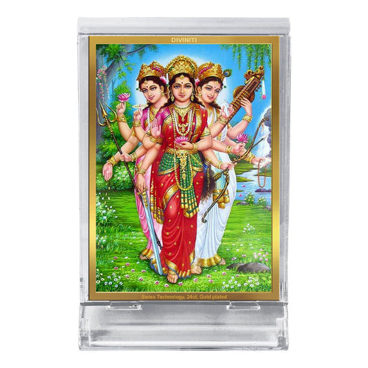 Diviniti 24K Gold Plated Teen Devi Frame For Car Dashboard, Home Decor, Table, Puja (11 x 6.8 CM)