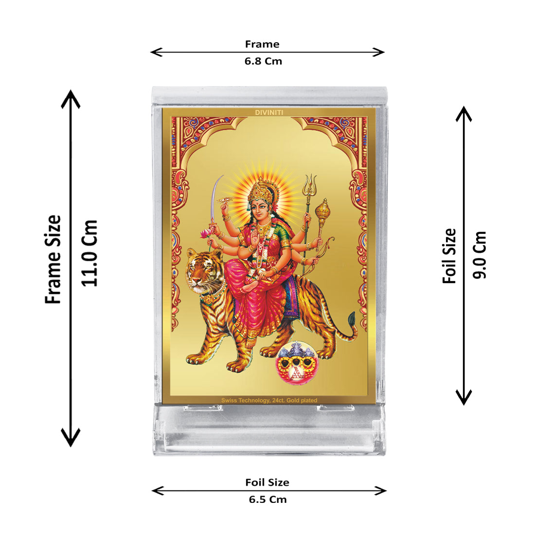 Diviniti 24K Gold Plated Siddhidatri Mata Frame For Car Dashboard, Home Decor, Puja Room (11 x 6.8 CM)