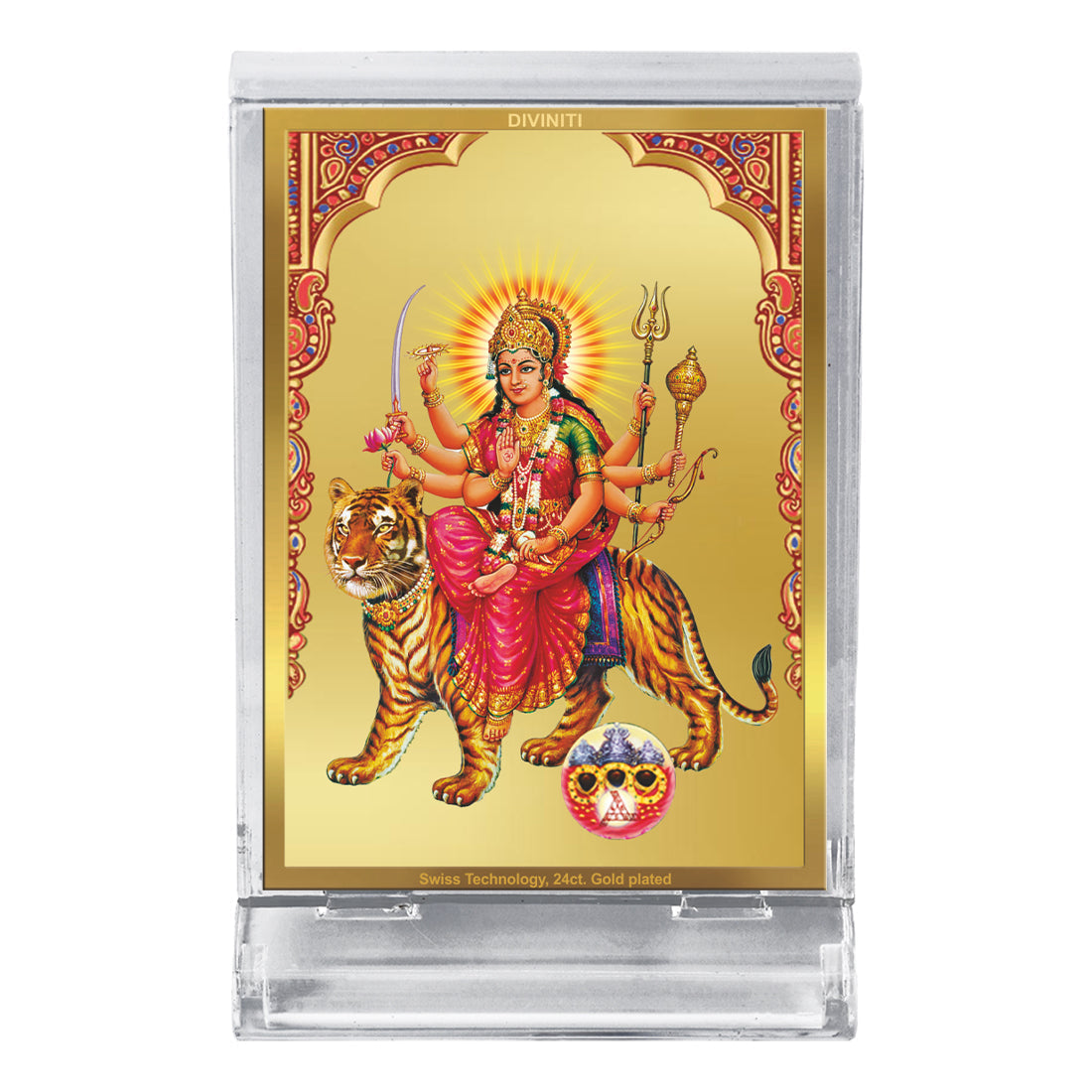 Diviniti 24K Gold Plated Siddhidatri Mata Frame For Car Dashboard, Home Decor, Puja Room (11 x 6.8 CM)