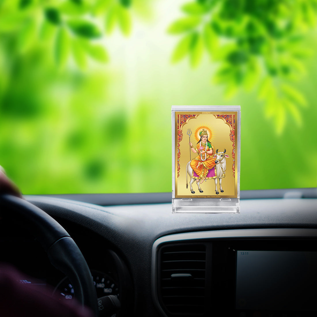 Diviniti 24K Gold Plated Shailputri Mata Frame For Car Dashboard, Home Decor, Puja Room (11 x 6.8 CM)