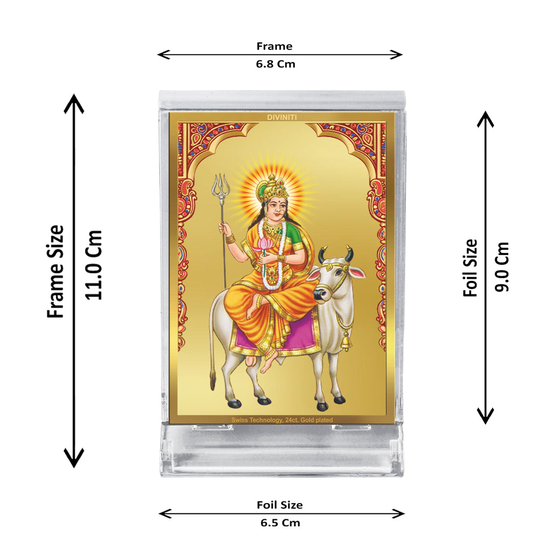 Diviniti 24K Gold Plated Shailputri Mata Frame For Car Dashboard, Home Decor, Puja Room (11 x 6.8 CM)