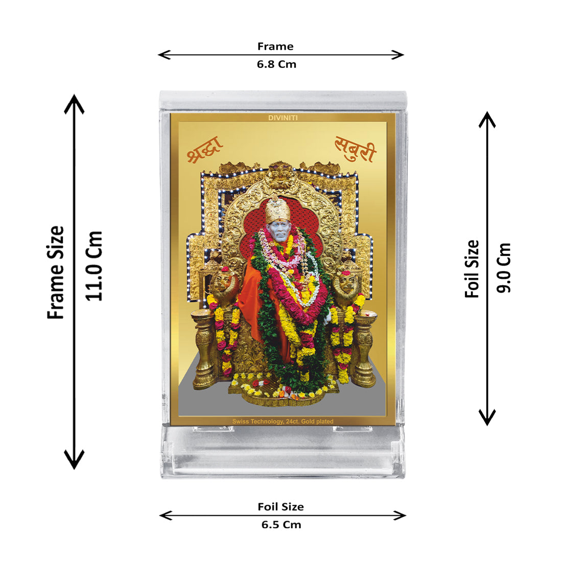 Diviniti 24K Gold Plated Sai Baba Frame For Car Dashboard, Home Decor, Table, Prayer (11 x 6.8 CM)