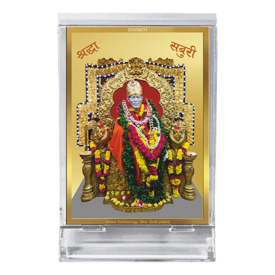 Diviniti 24K Gold Plated Sai Baba Frame For Car Dashboard, Home Decor, Table, Prayer (11 x 6.8 CM)