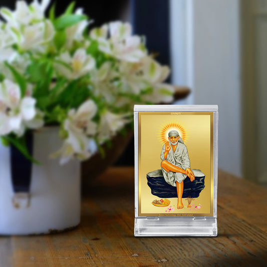 Diviniti 24K Gold Plated Sai Baba Frame For Car Dashboard & Home Decor Showpiece (11 x 6.8 CM)