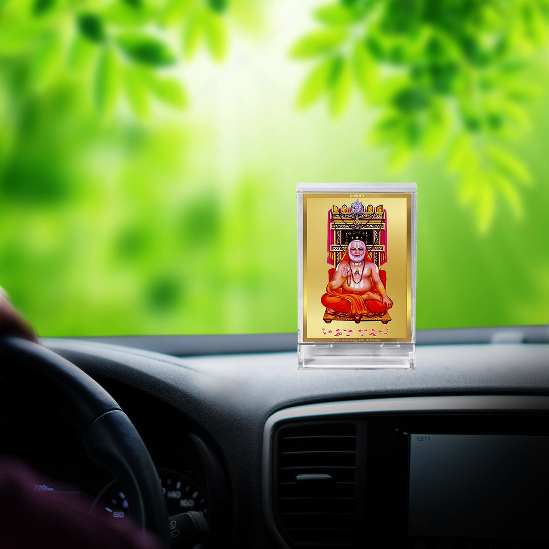 Diviniti 24K Gold Plated Raghavendra Swamy Frame For Car Dashboard, Home Decor, Table Top (11 x 6.8 CM)