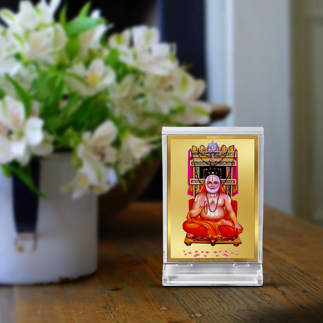 Diviniti 24K Gold Plated Raghavendra Swamy Frame For Car Dashboard, Home Decor, Table Top (11 x 6.8 CM)