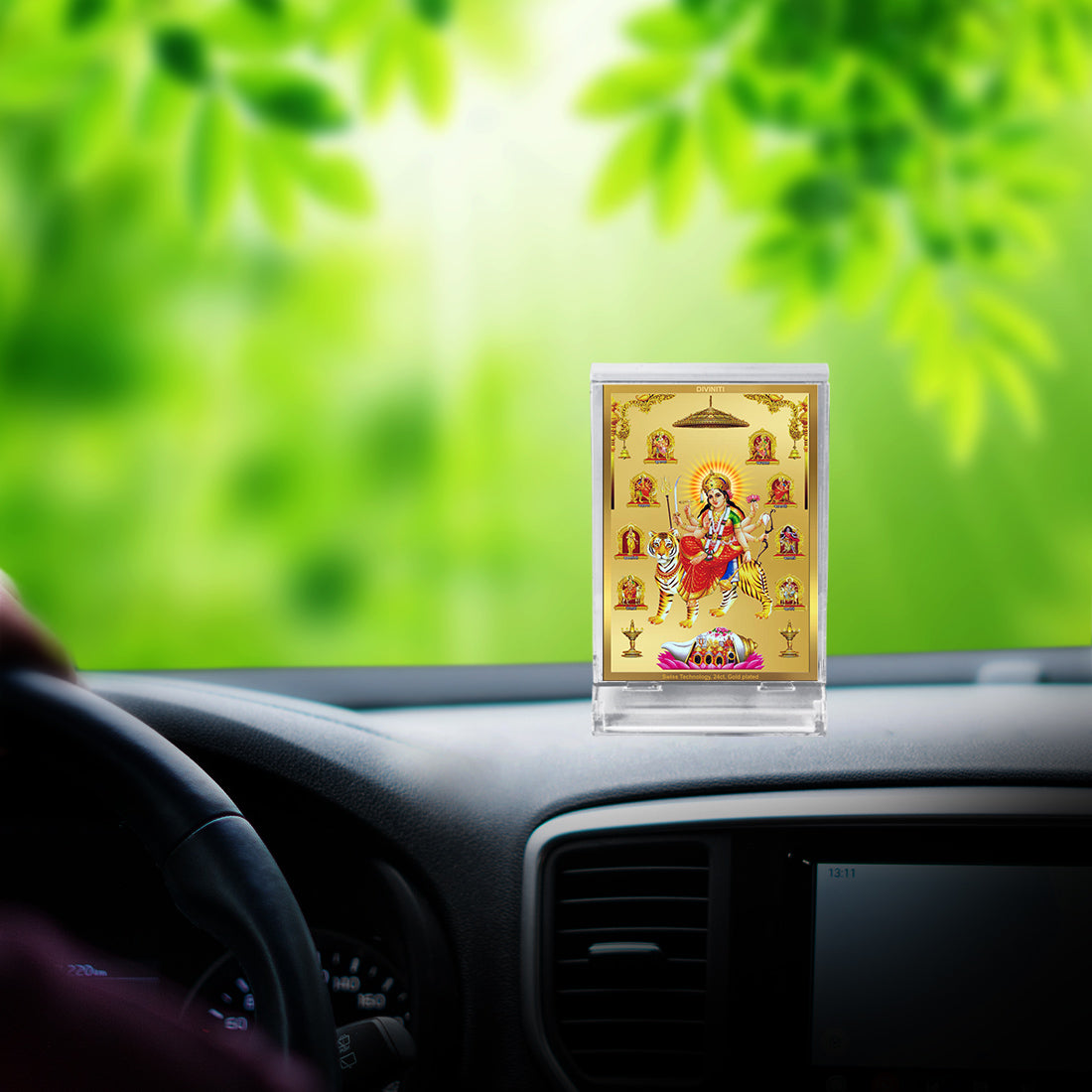 Diviniti 24K Gold Plated Nav Durga Frame For Car Dashboard, Home Decor, Table Top, Festival Gift (11 x 6.8 CM)