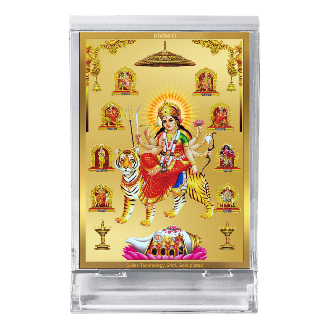 Diviniti 24K Gold Plated Nav Durga Frame For Car Dashboard, Home Decor, Table Top, Festival Gift (11 x 6.8 CM)