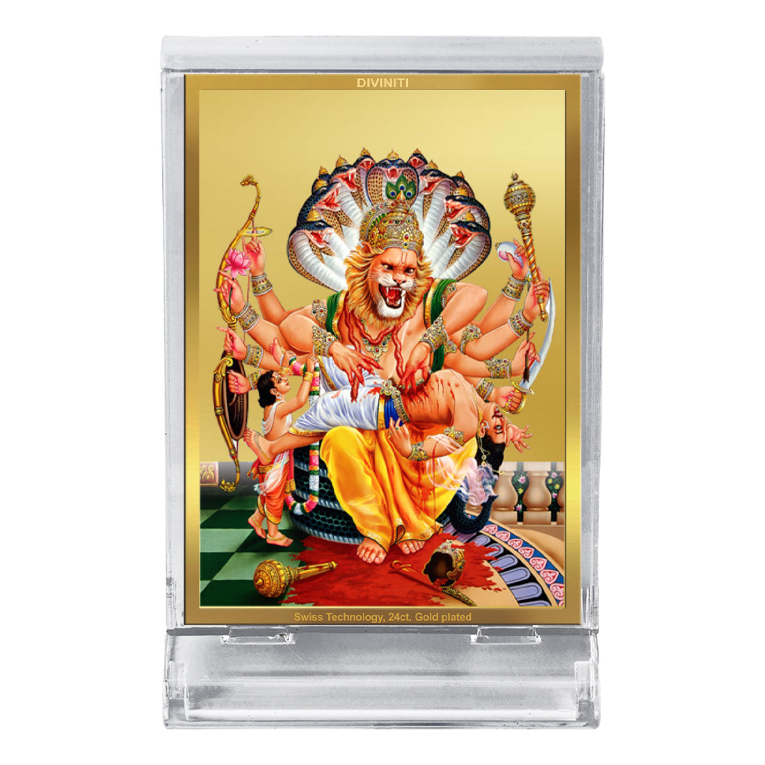 Diviniti 24K Gold Plated Narasimha Frame For Car Dashboard, Home Decor, Table Top, Gift (11 x 6.8 CM)