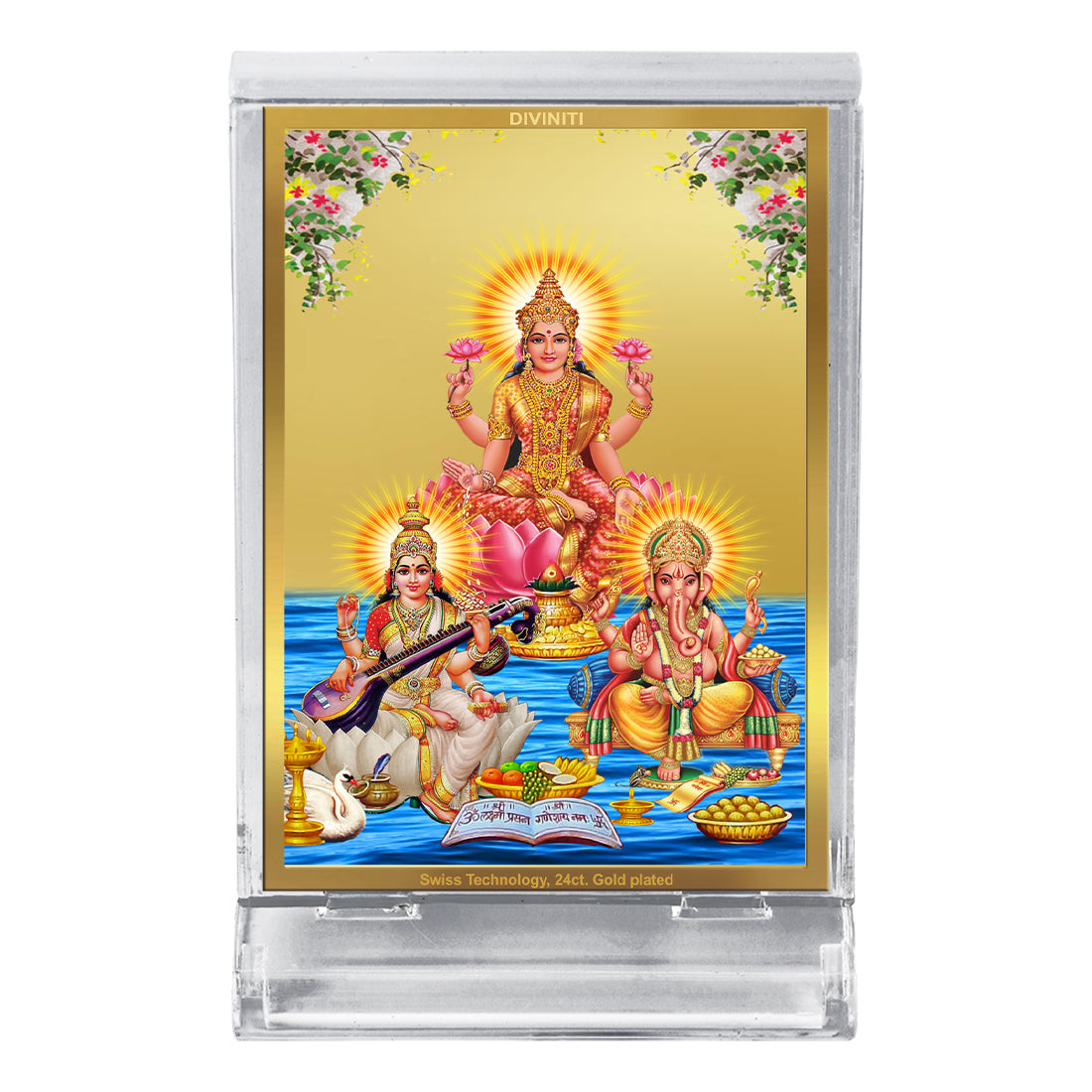 Diviniti 24K Gold Plated Lakshmi Ganesha Saraswati Frame For Car Dashboard, Home Decor, Puja, Gift (11 x 6.8 CM)