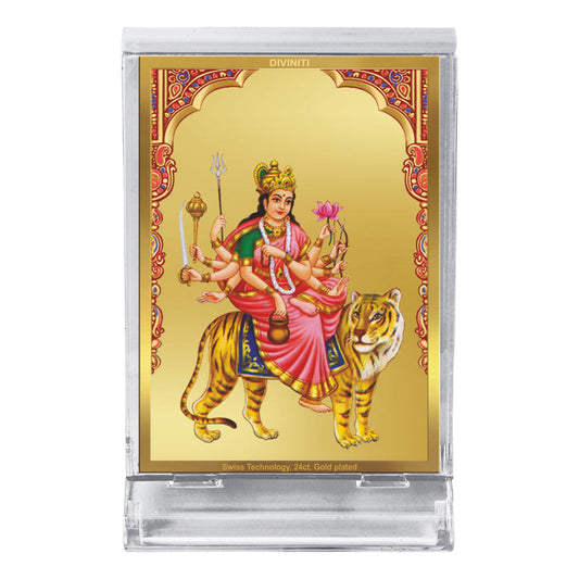 Diviniti 24K Gold Plated Kushmanda Mata Frame For Car Dashboard, Home Decor, Puja, Festival Gift (11 x 6.8 CM)