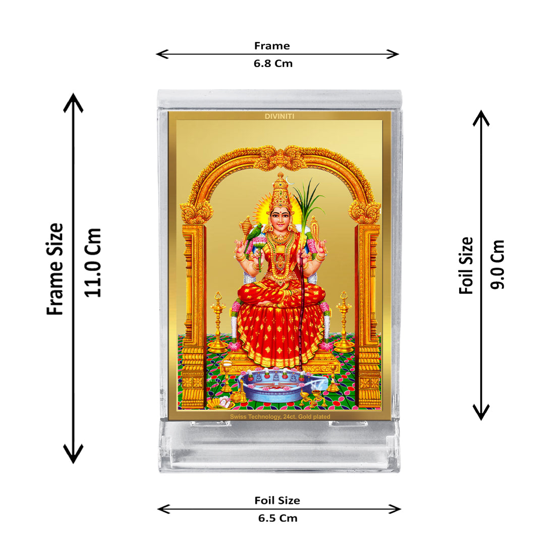 Diviniti 24K Gold Plated Kanchi Kamakshi Amman Frame For Car Dashboard, Home Decor, Table, Prayer (11 x 6.8 CM)