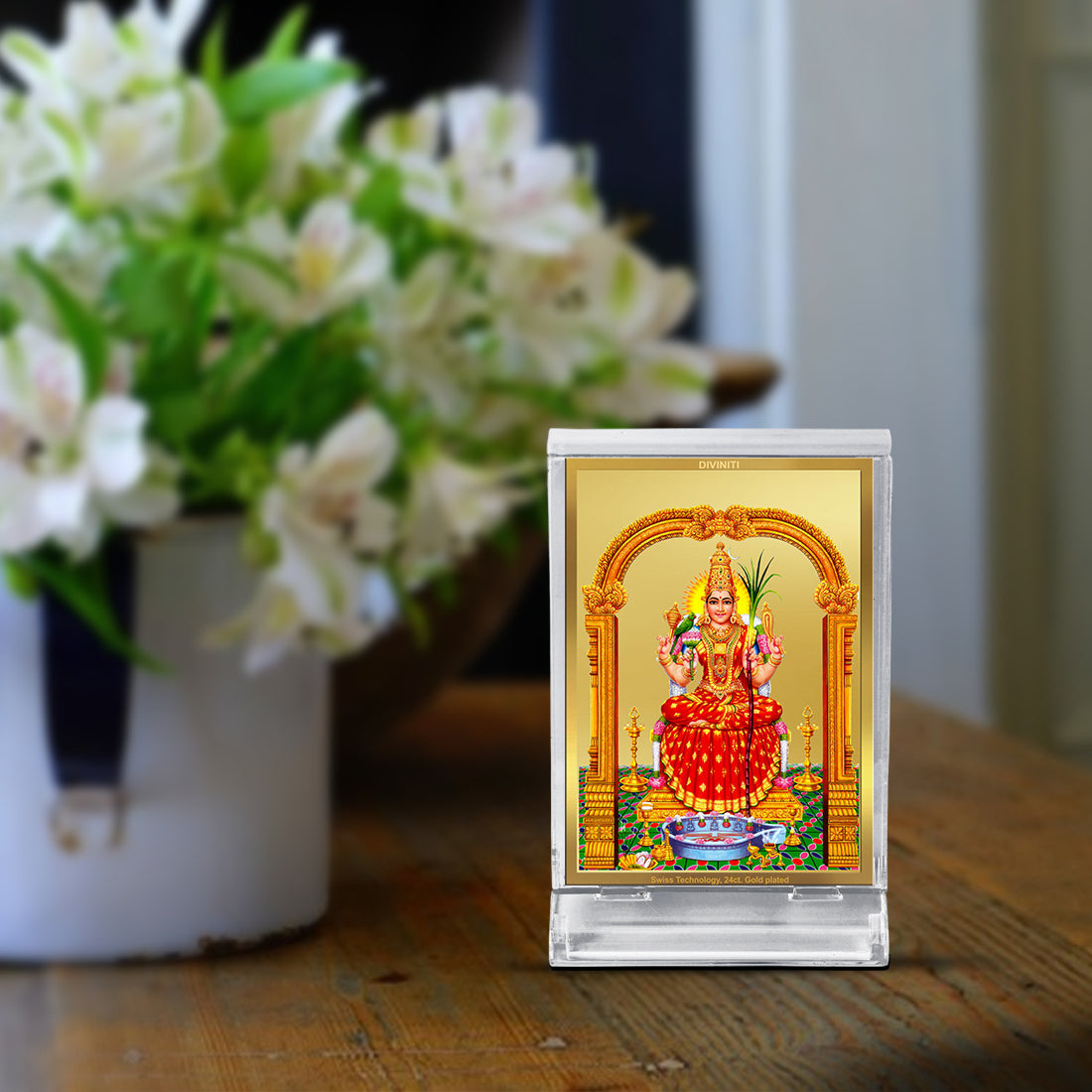 Diviniti 24K Gold Plated Kanchi Kamakshi Amman Frame For Car Dashboard, Home Decor, Table, Prayer (11 x 6.8 CM)