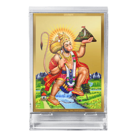 Diviniti 24K Gold Plated Hanuman Ji Frame For Car Dashboard, Home Decor, Table, Puja (11 x 6.8 CM)