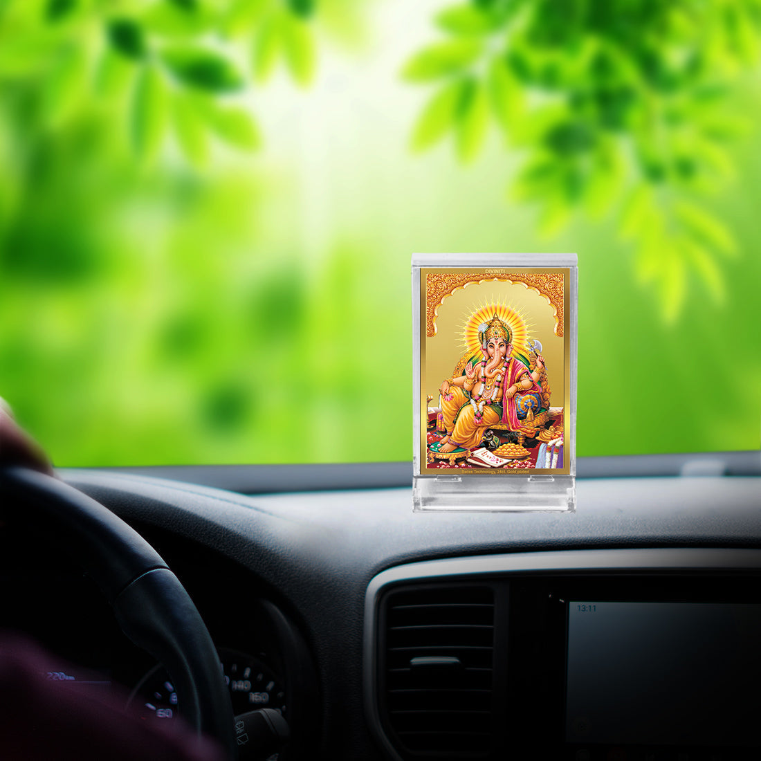 Diviniti 24K Gold Plated Ganesha Frame For Car Dashboard, Home Decor, Table Top, Puja, Festival Gift (11 x 6.8 CM)