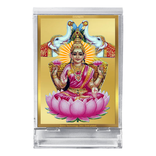 Diviniti 24K Gold Plated Gaja Lakshmi Frame For Car Dashboard, Home Decor, Table Top, Puja, Gift (11 x 6.8 CM)