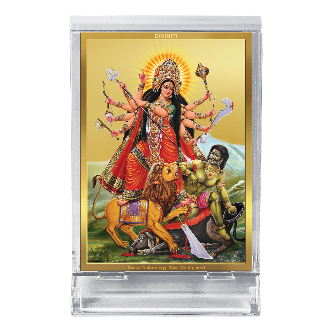 Diviniti 24K Gold Plated Durga Ji Frame For Car Dashboard, Home Decor, Puja, Festival Gift (11 x 6.8 CM)