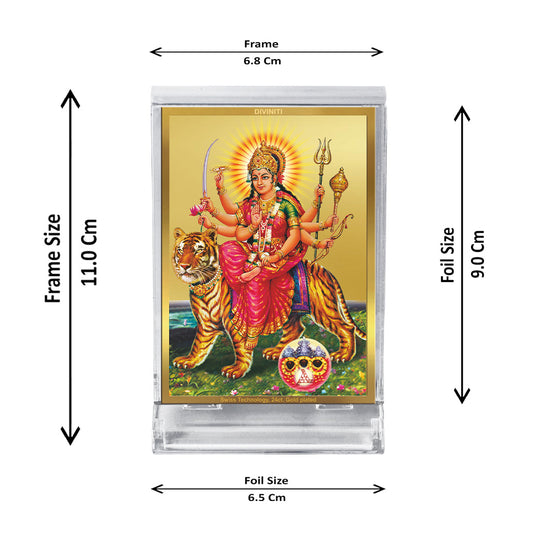 Diviniti 24K Gold Plated Durga Mata Frame For Car Dashboard, Home Decor, Puja, Festival Gift (11 x 6.8 CM)