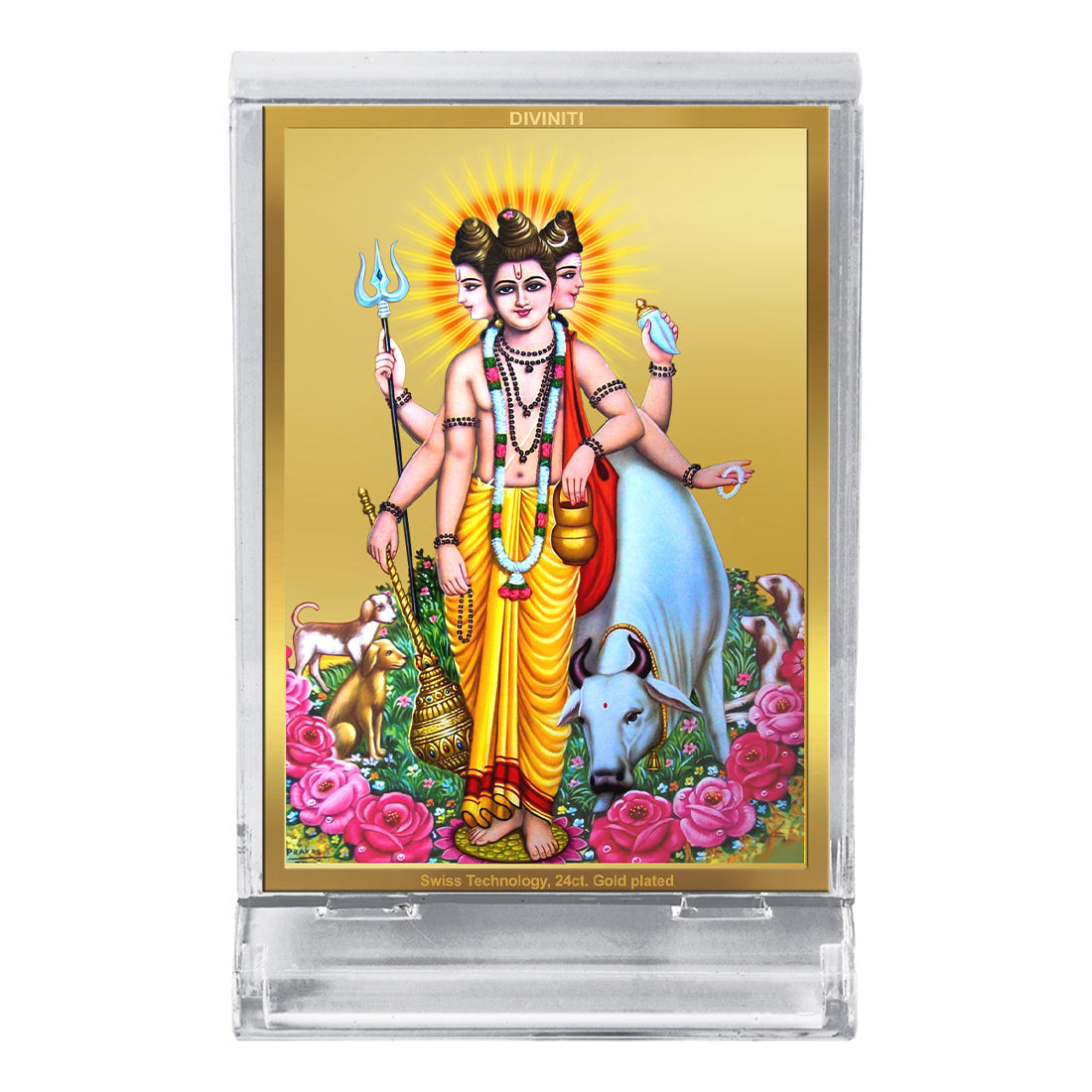 Diviniti 24K Gold Plated Dattatreya Frame For Car Dashboard, Home Decor, Worship, Festival Gift (11 x 6.8 CM)