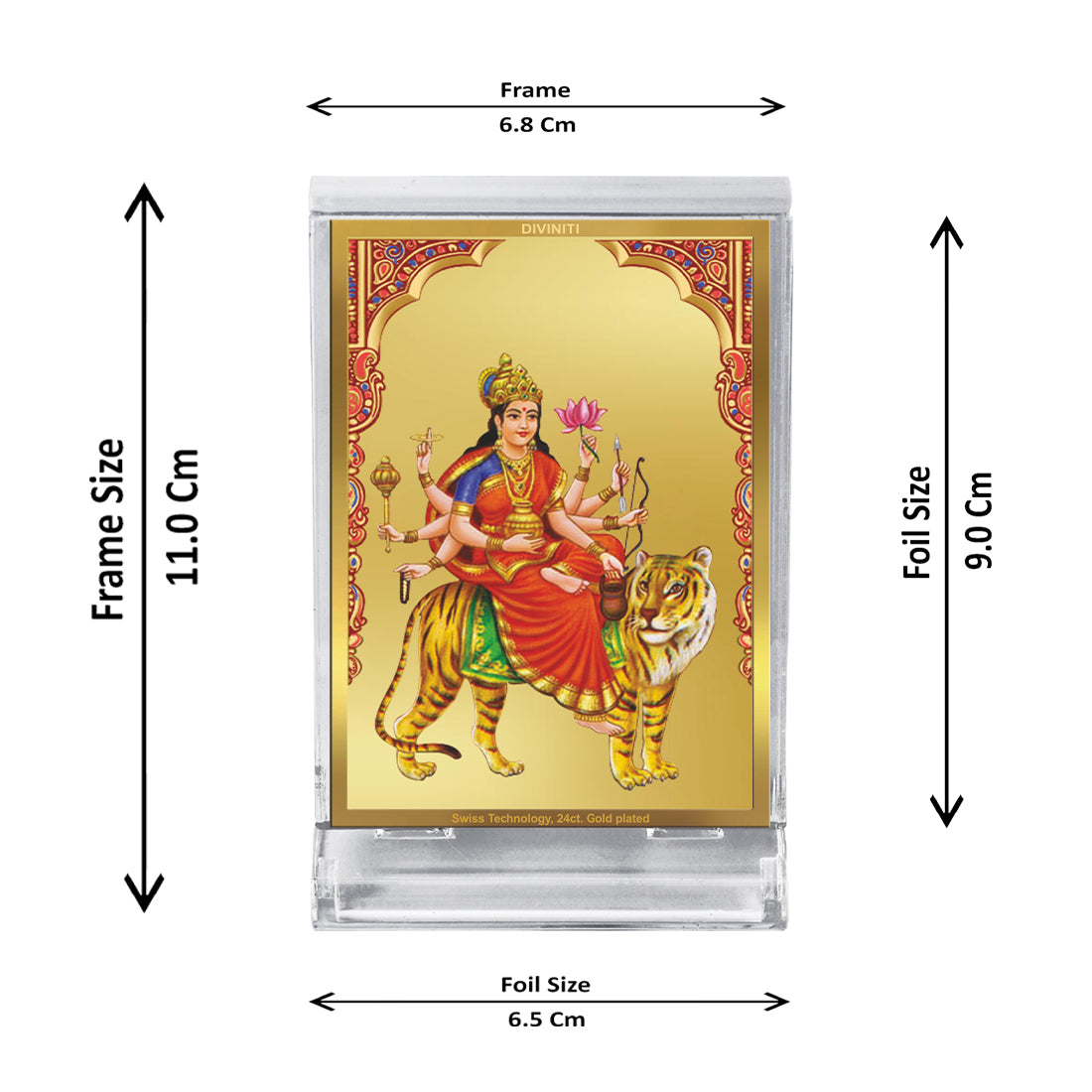 Diviniti 24K Gold Plated Chandraghanta Mata Frame For Car Dashboard, Home Decor, Table Top, Gift, Puja (11 x 6.8 CM)