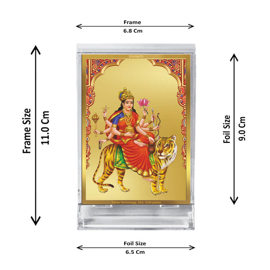 Diviniti 24K Gold Plated Chandraghanta Mata Frame For Car Dashboard, Home Decor, Table Top, Gift, Puja (11 x 6.8 CM)