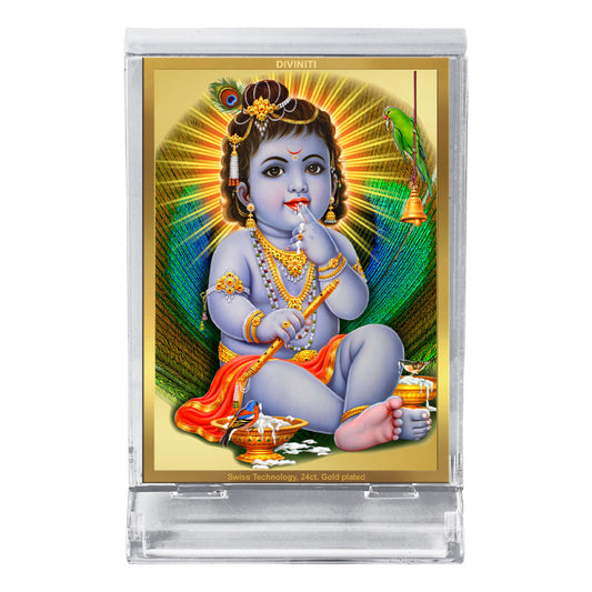 Diviniti 24K Gold Plated Bal Gopal Frame For Car Dashboard, Home Decor, Table Top & Gift (11 x 6.8 CM)