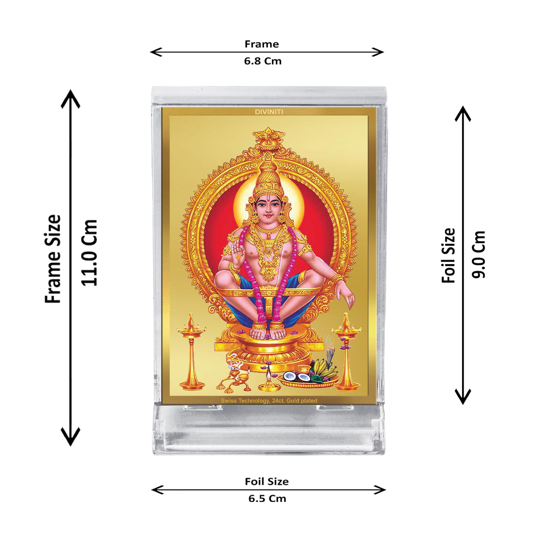 Diviniti 24K Gold Plated Ayyappan Frame For Car Dashboard, Home Decor, Worship & Gift (11 x 6.8 CM)