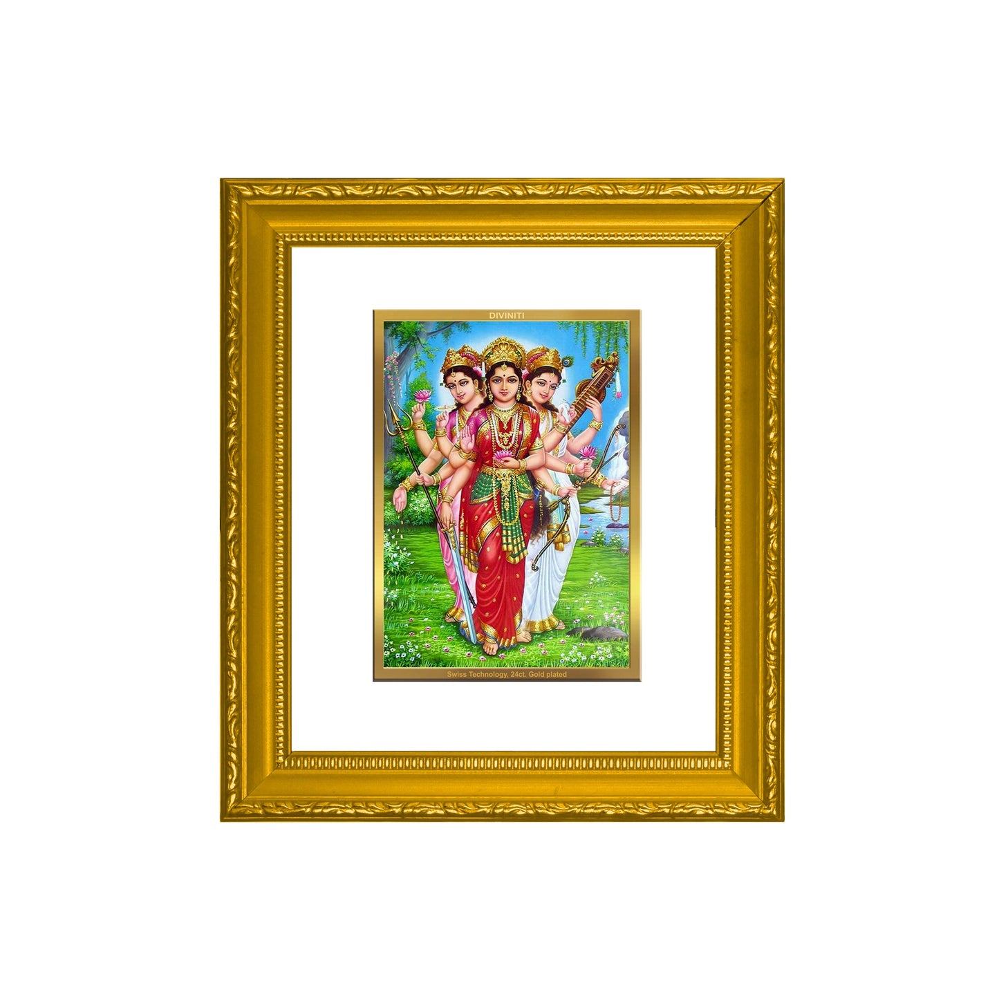 DIVINITI Teen Devi Gold Plated Wall Photo Frame| DG Frame 101 SIZE 1 Wall Photo Frame and 24K Gold Plated Foil| Religious Photo Frame Idol For Prayer, Gifts Items (15CMX13CM)