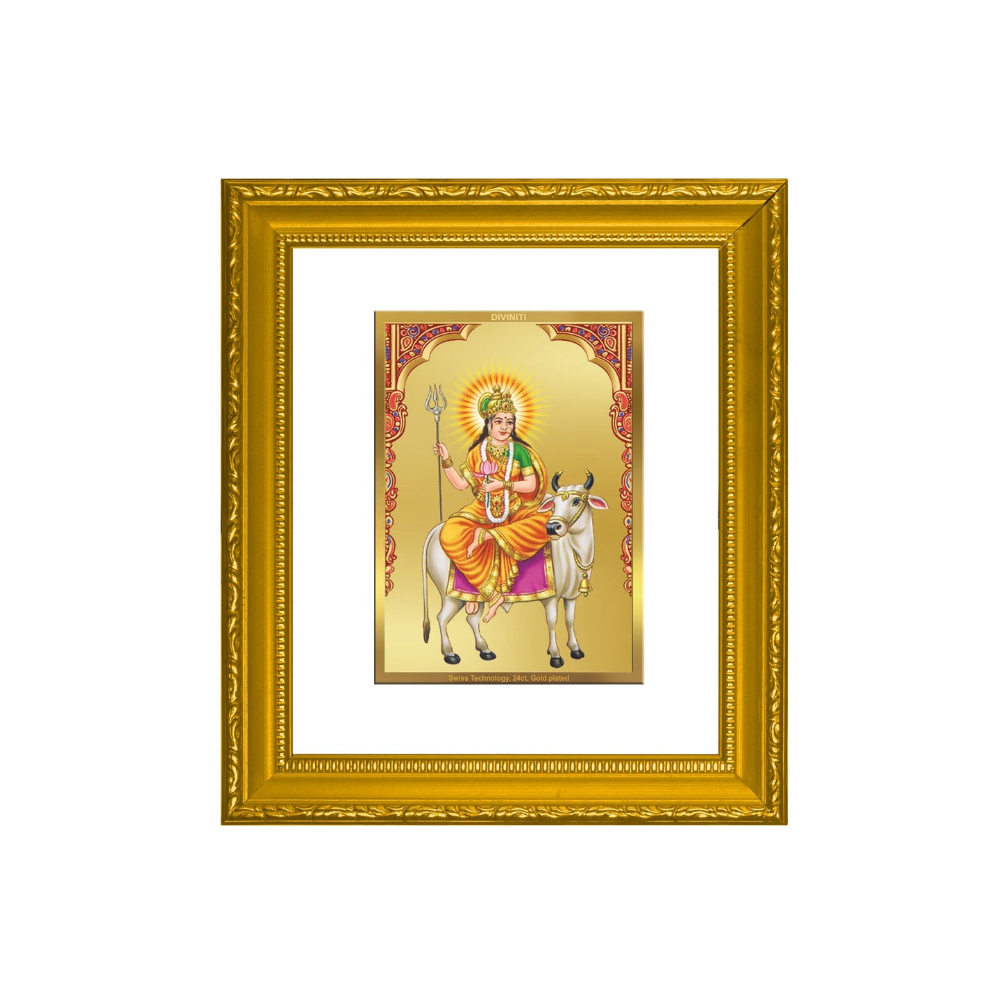 DIVINITI Shailputri Mata Gold Plated Wall Photo Frame| DG Frame 101 Size 1 Wall Photo Frame and 24K Gold Plated Foil| Religious Photo Frame Idol For Prayer, Gifts Items (15CMX13CM)