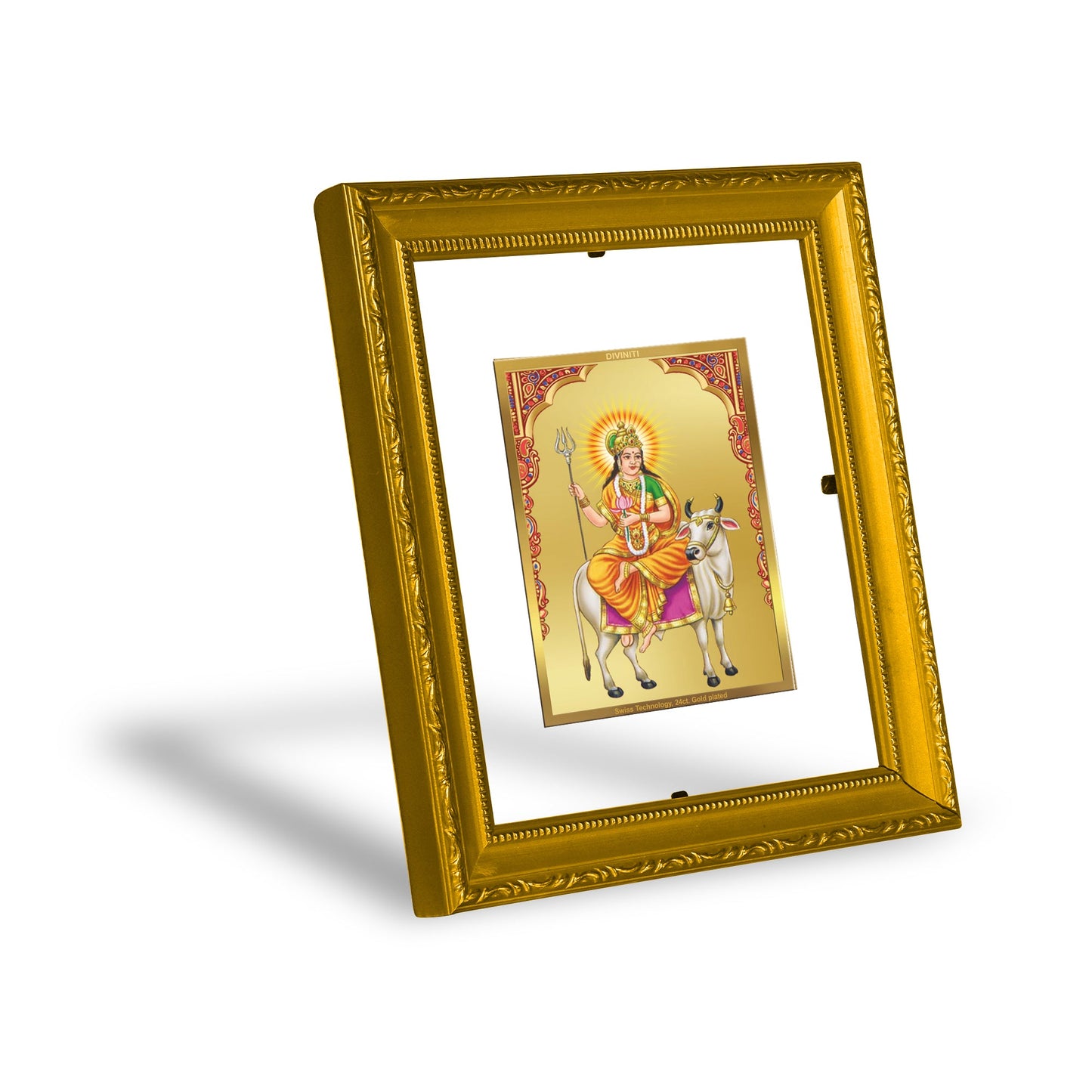 DIVINITI Shailputri Mata Gold Plated Wall Photo Frame| DG Frame 101 Size 1 Wall Photo Frame and 24K Gold Plated Foil| Religious Photo Frame Idol For Prayer, Gifts Items (15CMX13CM)