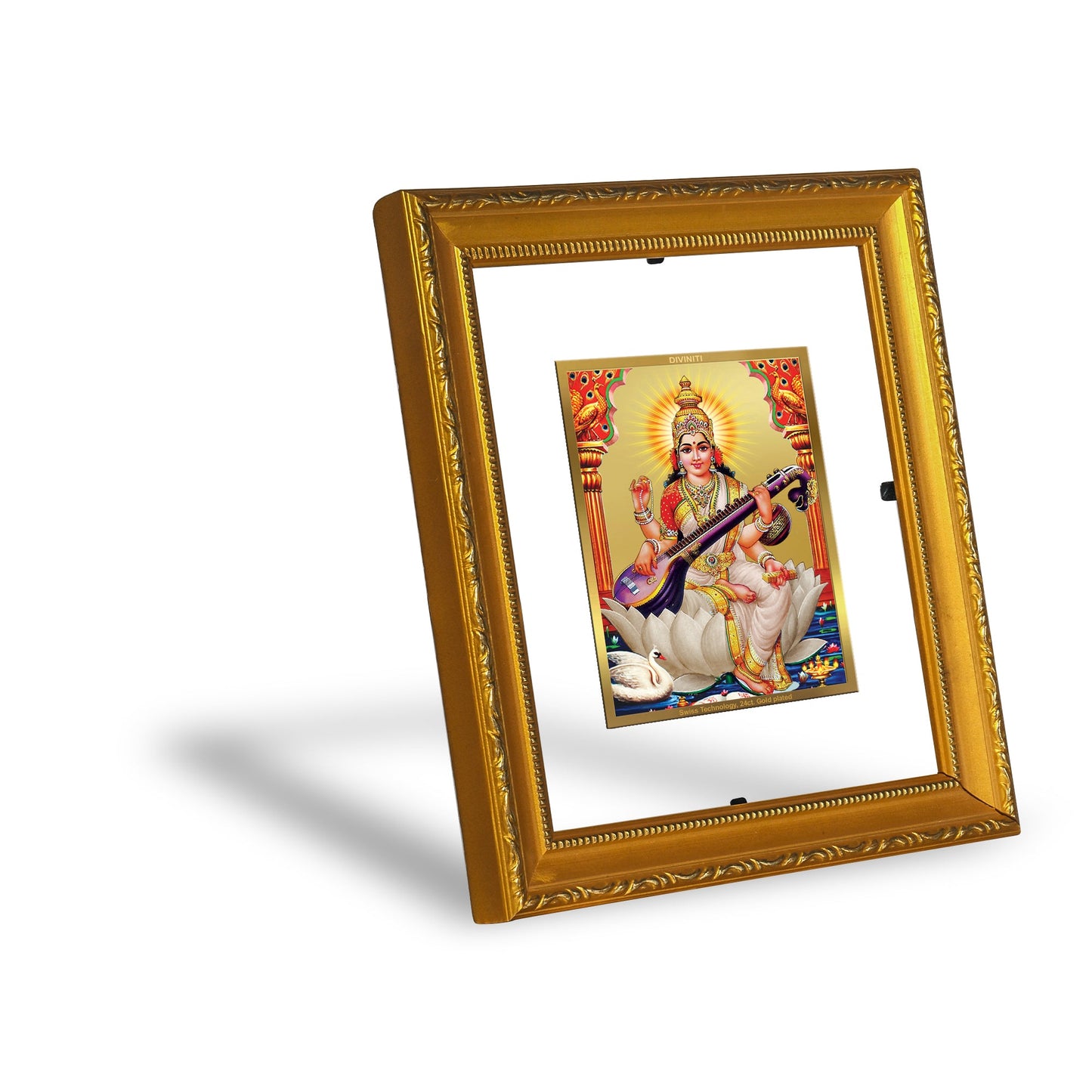 DIVINITI Saraswati Gold Plated Wall Photo Frame| DG Frame 101 Size 1 Wall Photo Frame and 24K Gold Plated Foil| Religious Photo Frame Idol For Prayer, Gifts Items (15CMX13CM)