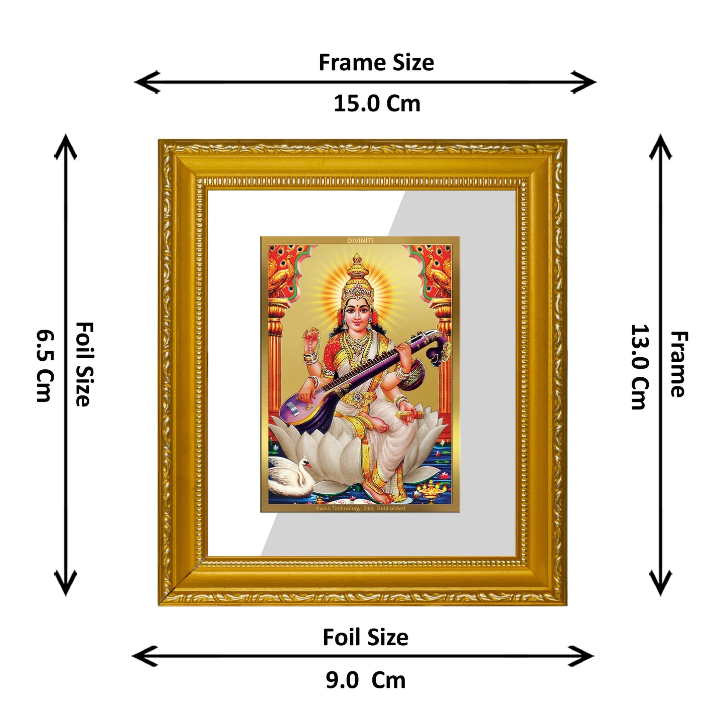 DIVINITI Saraswati Gold Plated Wall Photo Frame| DG Frame 101 Size 1 Wall Photo Frame and 24K Gold Plated Foil| Religious Photo Frame Idol For Prayer, Gifts Items (15CMX13CM)